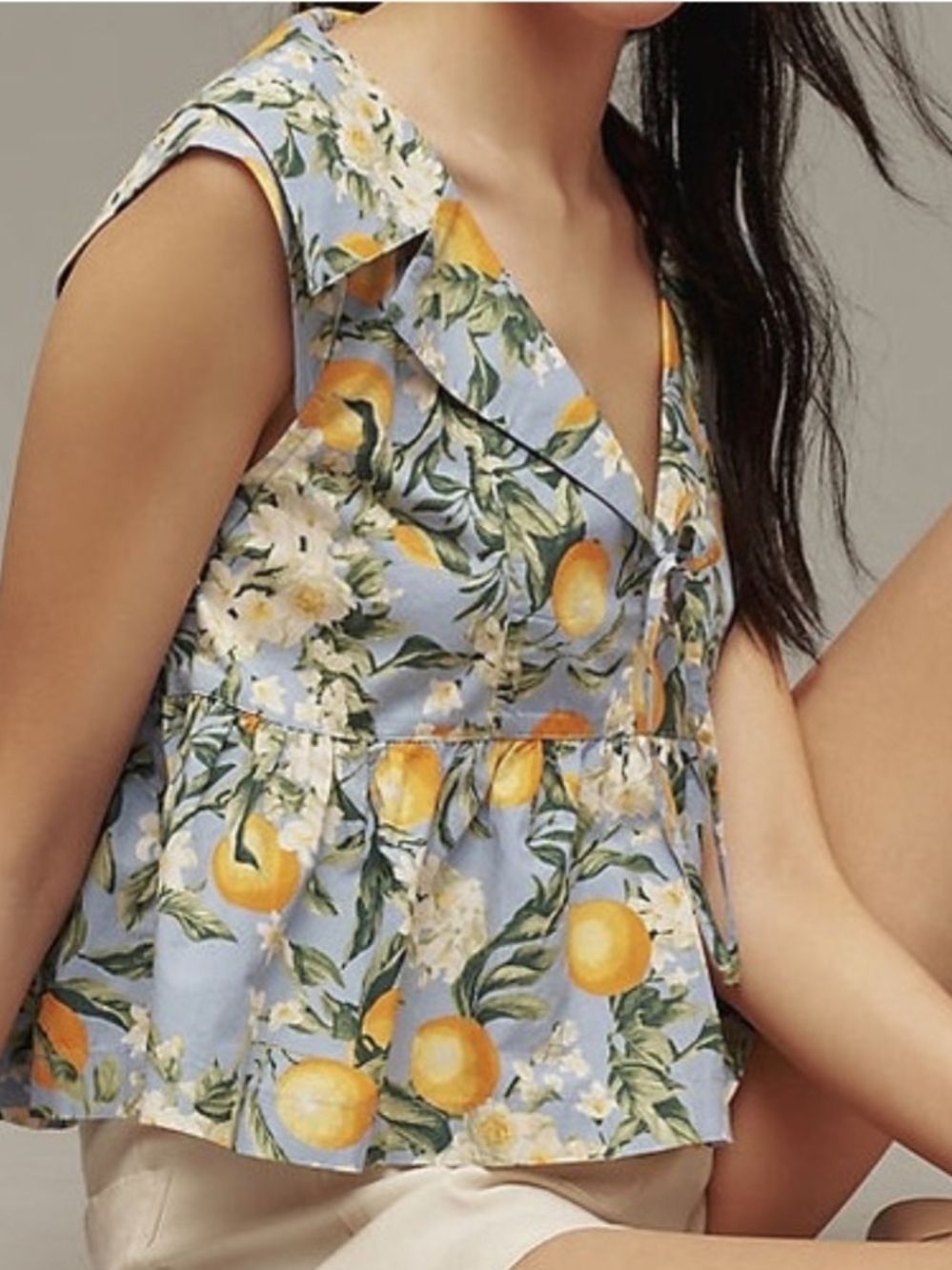 Maeve By Anthropologie Floral Lemon Print V-Neck Peplum Top - Blue